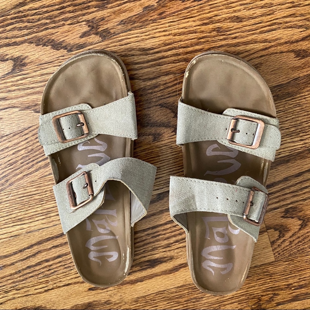 Tan and brown suede buckle sandals
